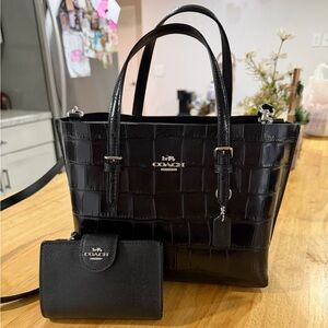 Coach Black Croc Mollie Tote and Wallet Set